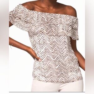 White House Black Market Zebra print gold accents Flounce Blouse - Size L -